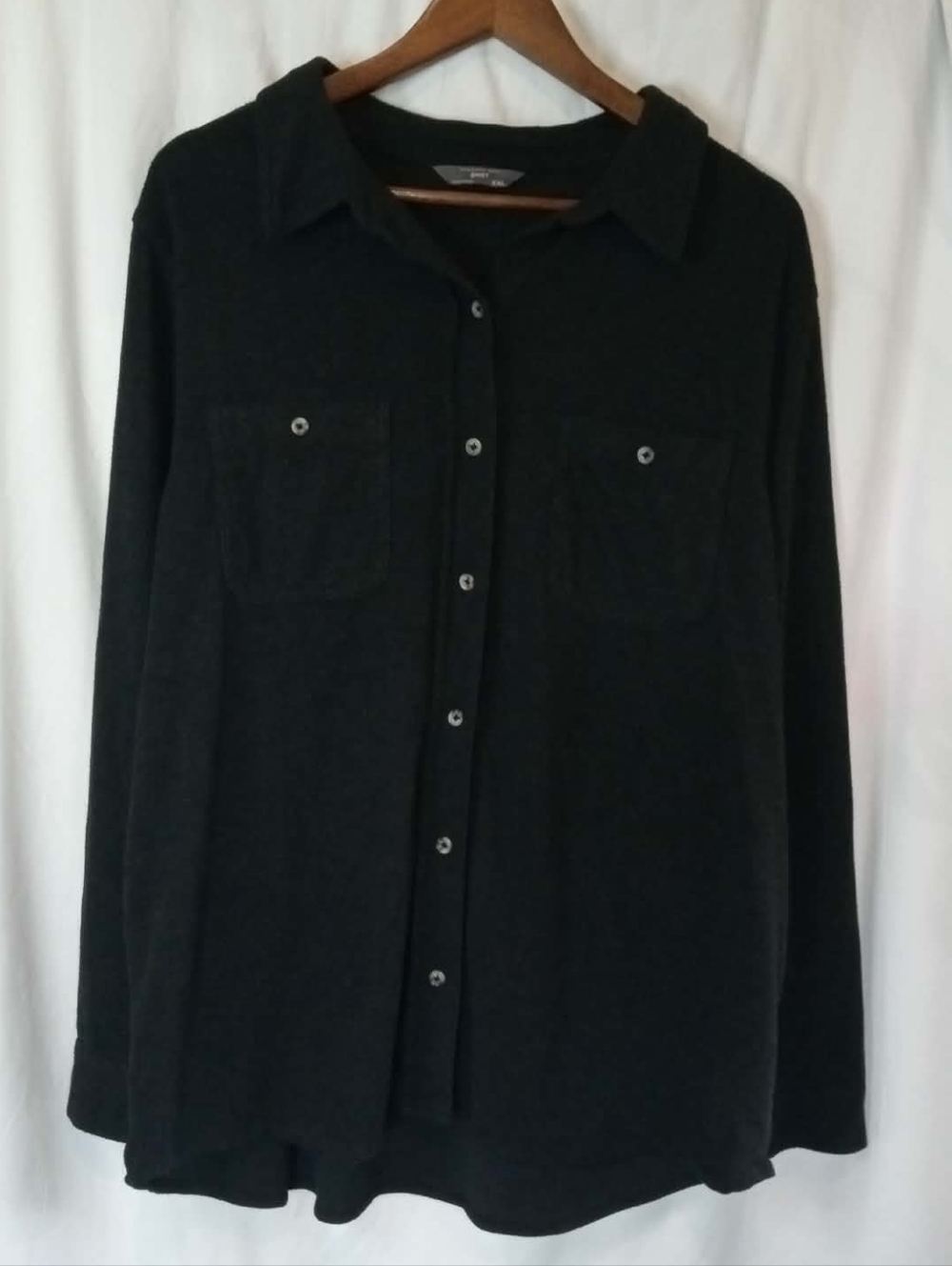 Men's Black Heathered Button Down Casual Shirt Chest Pockets Cozy Casual Plus